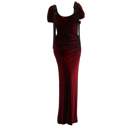 GOUDIN female burgundy velvet long high-end banquet evening dress-LIAM.