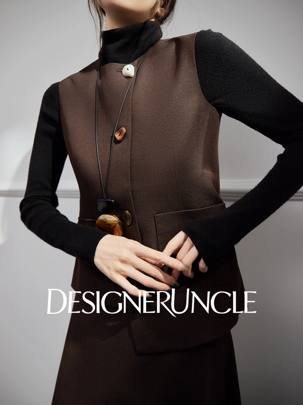 DGU |Coffee color asymmetrical design niche light luxury vest skirt two-piece set - Stephan.