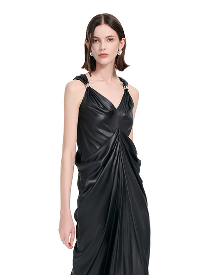 YES BY YESIR | Ye Qians Pleated Romantic Long Dress with Sculptural Ring Ornament-AMELINA.