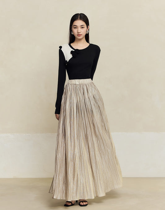 HECO striped texture swing high waist black green women's long skirt - muse.