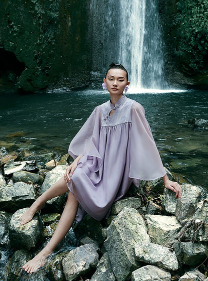 HECO [Feng Wu Clear Sleeves] New Chinese Standing Collar Buckle Flowing Dress- CLOAK.