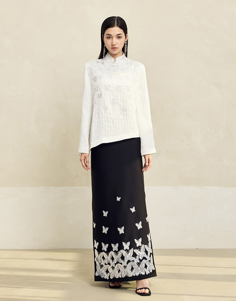 HECO Butterfly Beads Embroidered Stand-Up Collar black white T-Shirt - WORDS.