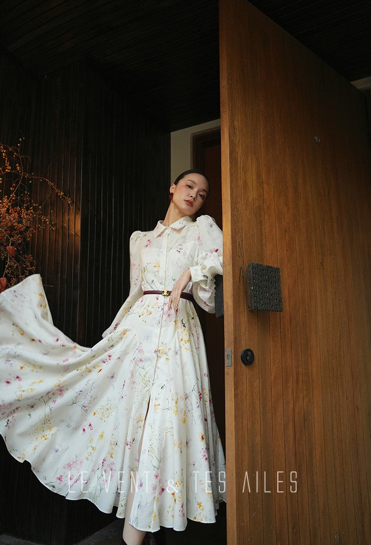 LE VENT&TES AILES Luxury summer vacation floral print Fancy Midi Dress-ZOE