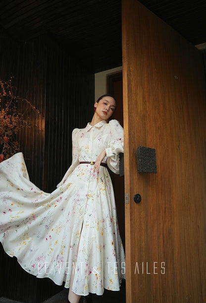 LE VENT&TES AILES Luxury summer vacation floral print Fancy Midi Dress-ZOE