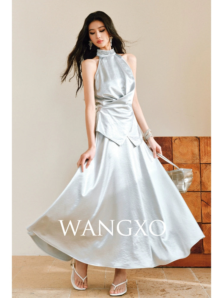 WANGXO | Pearl Lustrous Luxury Gilt Satin  Halterneck Folded Waist Top & High-Waisted Umbrella Skirt Set - ARIA