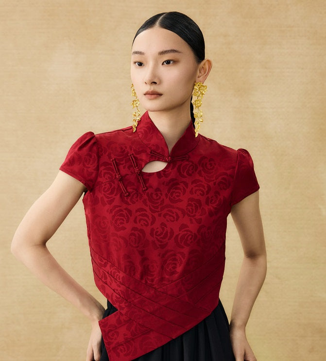 HECO Chinese acetate stand-up collar hollow buckle T-shirt - QUES.