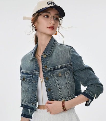 ANNASPEAK Denim  Wash Short Small Long  Denim Jacket-AYO.