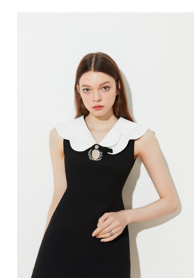 New Retro Double Contrast Petal Collar Sleeveless black dress - Rioe