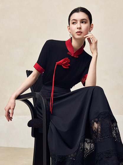 HECO Polyester Handmade Flower Mandarin Neckline Short Sleeve  Black T-Shirt - EVE.