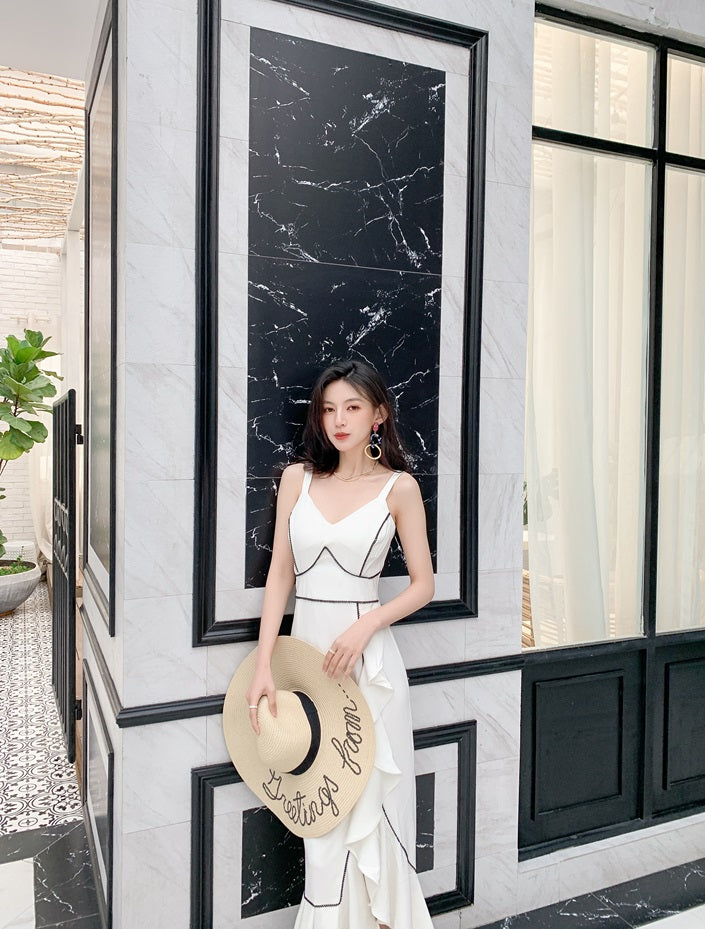 DOLLY Elegant White/Black V-Neck Sleeveless High Waist Long Ruffle Dinner Dress-MIA