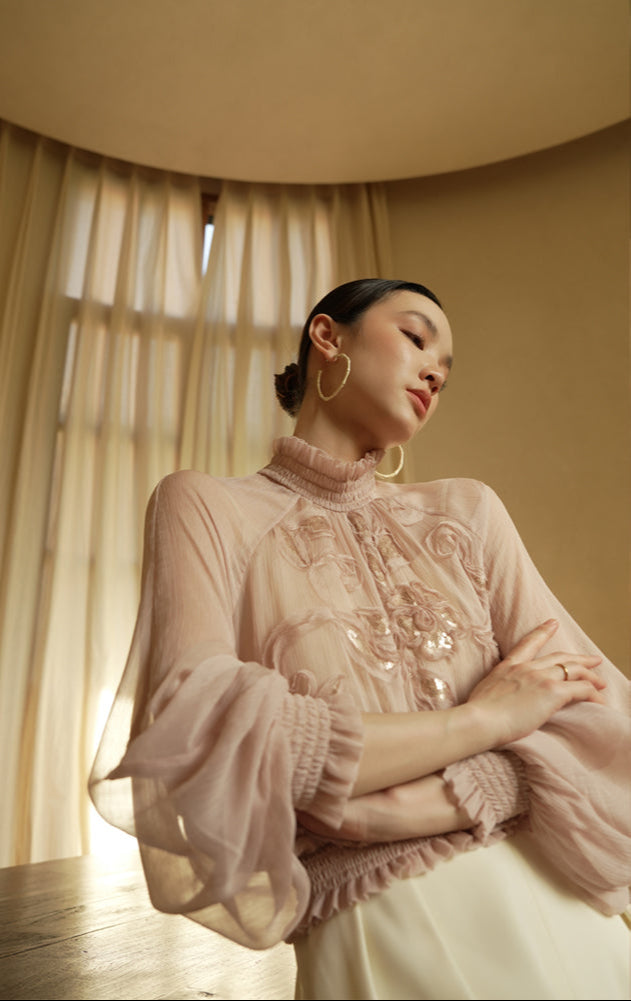 LE VENT&TES AILES Scarlet Mist Disc Sequin Tops Spring Long Sleeve Top - ANYA