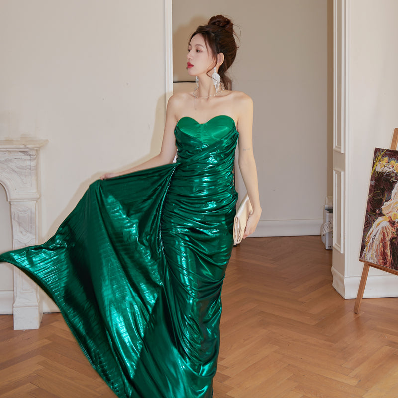 DOLLY High End Green Off Shoulder Chest Wrap Irregular Fish Tail Dress-LEAH