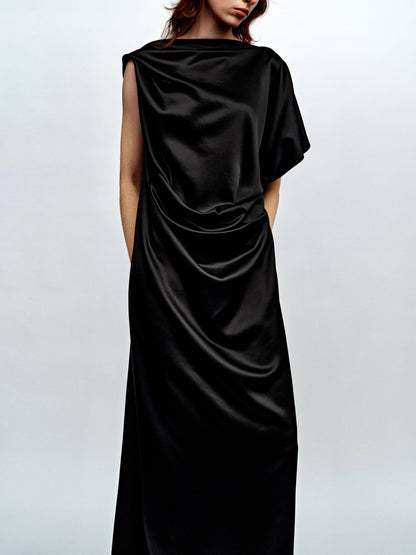 SERRER Black Pleated Rippling Backless Loose Acetate Dress - YASMIN.