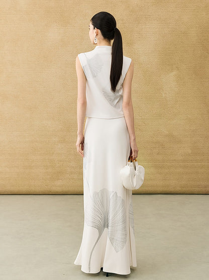 HECO Chinese Style Elegant Swing Neck Sleeveless Ginkgo Biloba Print T-Shirt - BOBA.