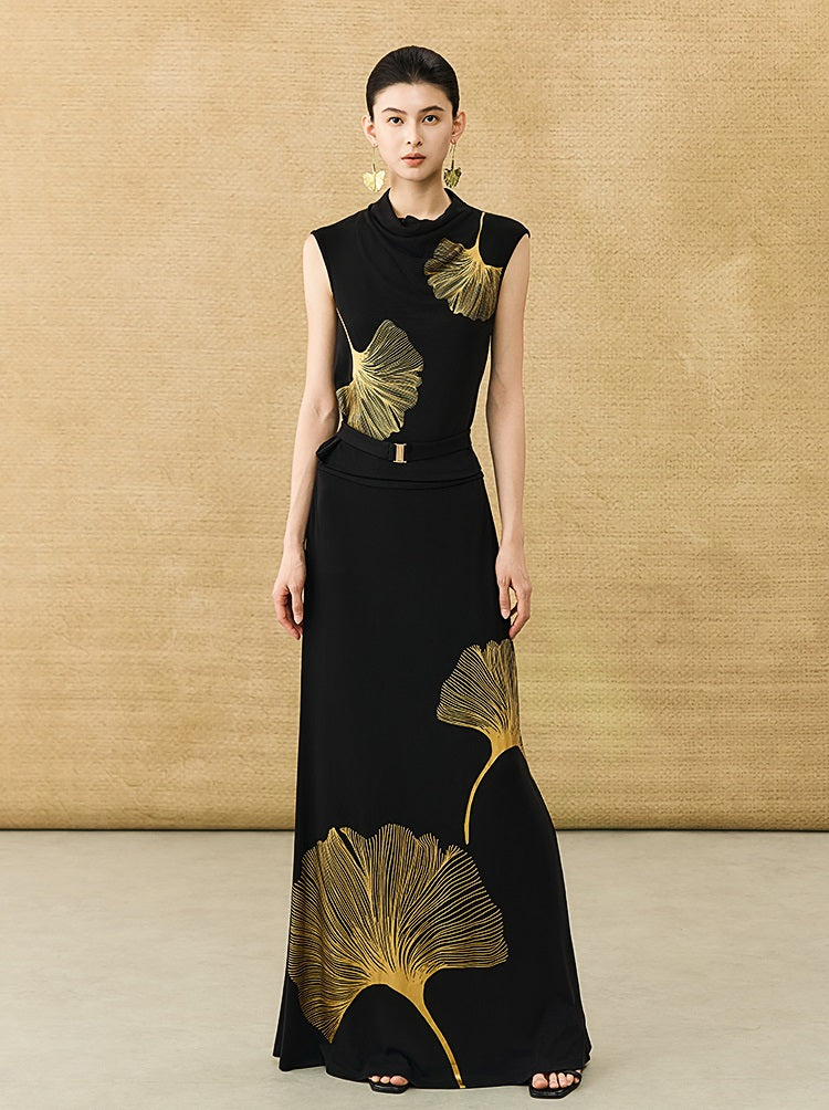 HECO Chinese Draped Summer Heavy Industry Ginkgo Biloba Print Slim Skirt - COLS.