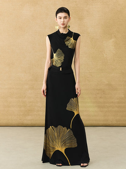 HECO Chinese Draped Summer Heavy Industry Ginkgo Biloba Print Slim Skirt - COLS.