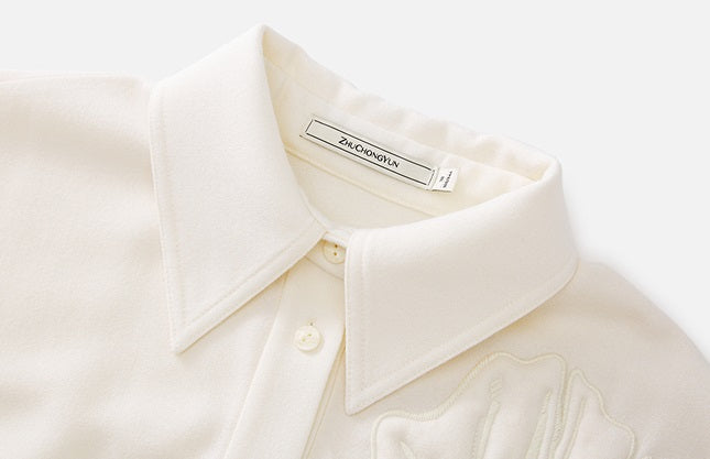 ZHUCHONGYUN Embroidered Straight Sheep Wool Lapel Shirt Top-LOLA.