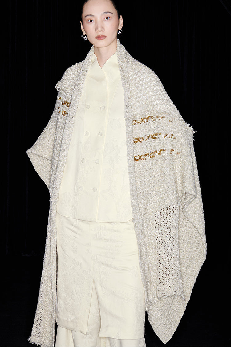 M essential Mackay designer Jin Rao knitted twisted beaded style cape - stat.