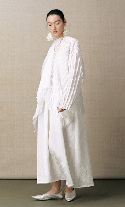 ZHUCHONGYU white loose pleated top and pant outfit set--SOUSOU.