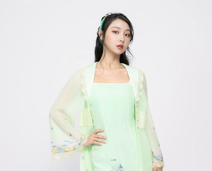 Magic Q green fruit collar lace panel hand-painted seawater print long sleeves out-worn dress sets