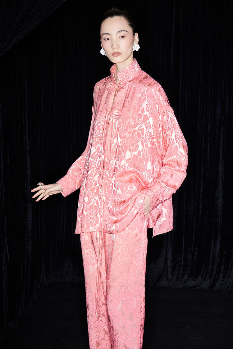 M essential Mackay designer lime jacquard stand-up collar loose top - JAMES.