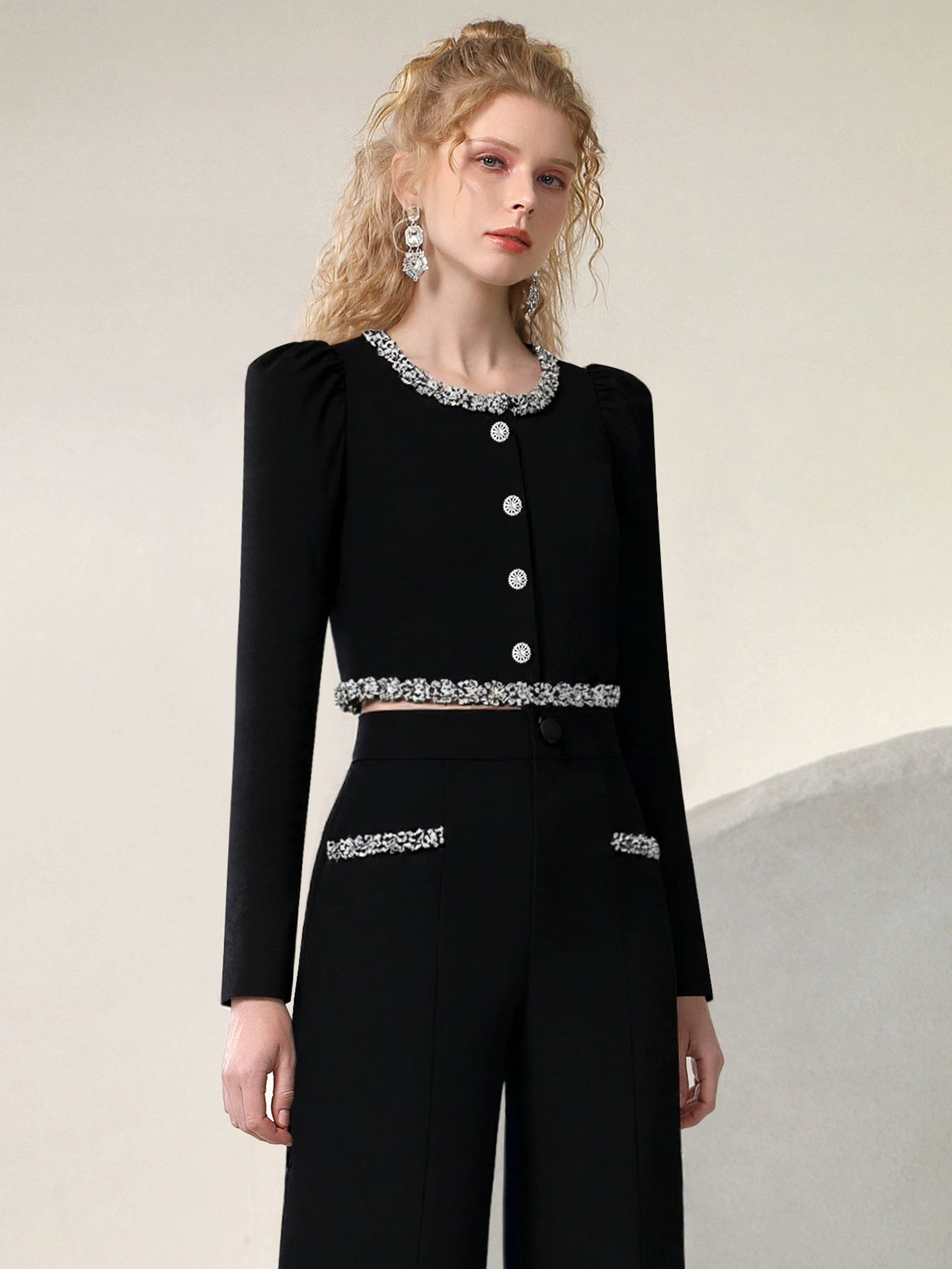 CHECOCRE celebrity style suit fashion diamond chain top high-waisted straight-leg pants - ECHO.