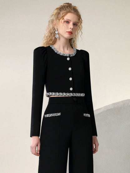 CHECOCRE celebrity style suit fashion diamond chain top high-waisted straight-leg pants - ECHO.