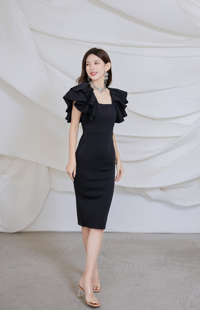 DOLLY Elegant Square Collar Ruffle Short Sleeves Slim Fit Midi Office Dress-HELEN