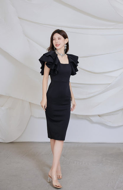 DOLLY Elegant Square Collar Ruffle Short Sleeves Slim Fit Midi Office Dress-HELEN