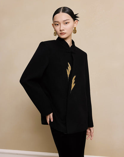 HECO New Wheat Ear Bead Embroidered Wool Tweed Jacket - care.