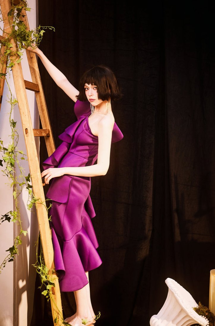 DOLLY Elegant Retro Style Deep Purple Ruffled Off Shoulder Midi Dress-PINKY