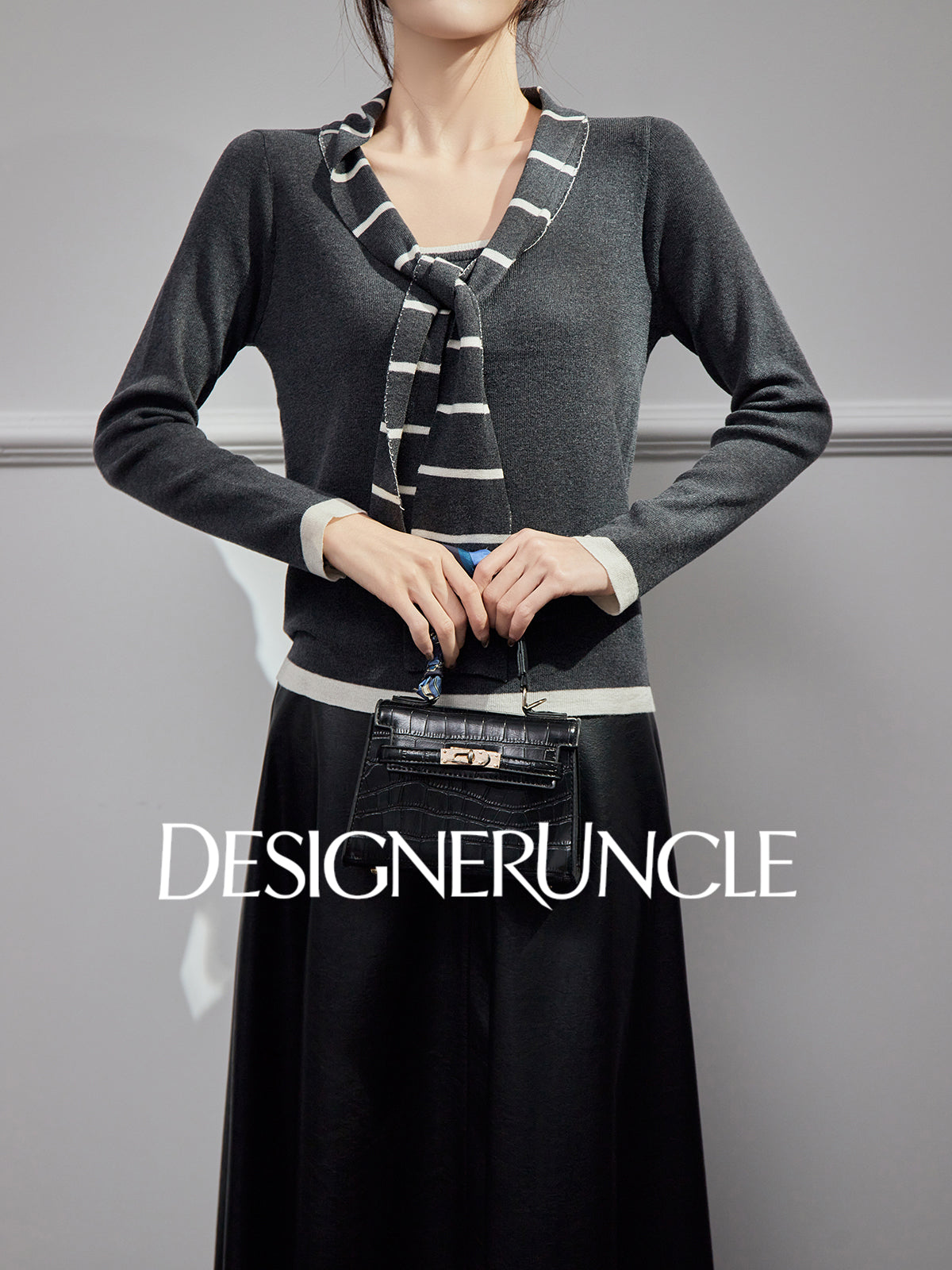 DGU| Dark Gray Striped Bow Tie Niche Design Retro Gentle Commuter Top - Antonio.