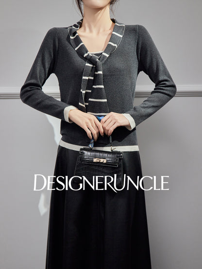 DGU| Dark Gray Striped Bow Tie Niche Design Retro Gentle Commuter Top - Antonio.