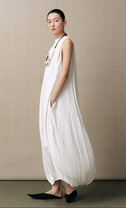 ZHUCHONGYUN white sleeveless gathered neckline balloon hem dress-NID.