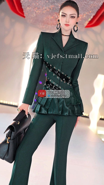 VJE  Lace Contrast Flared Pants 2-Piece Style Suit - ACK.