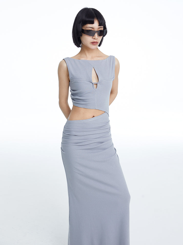 TINY IN knitted faux two-piece women's pleated long dress -CHARMY