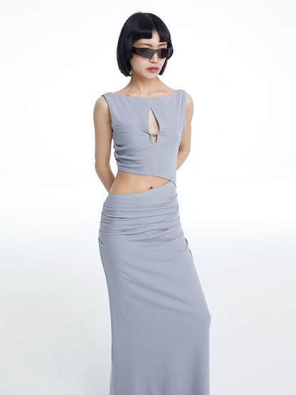 TINY IN knitted faux two-piece women's pleated long dress -CHARMY