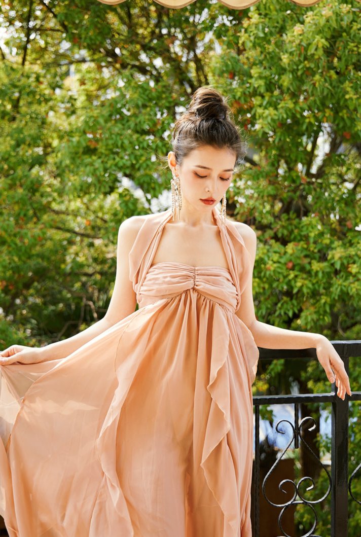 DOLLY Luxury Peach French Style Halter Neck Sleeveless Chiffon Flowing Dress-EVE