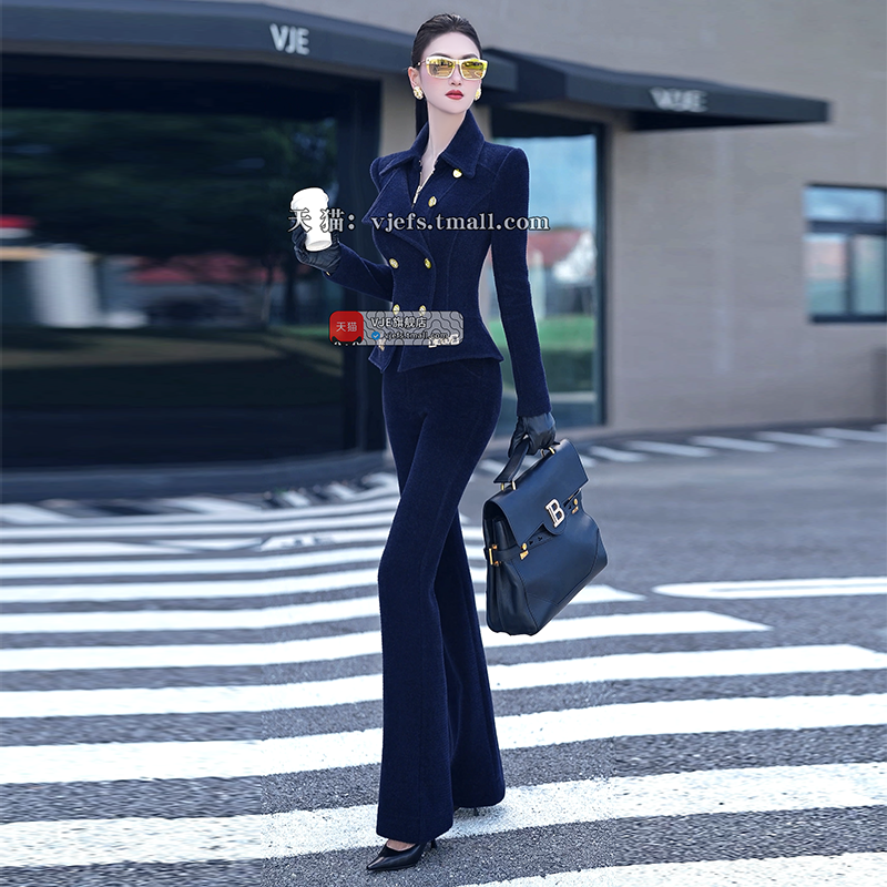 VJE woolen multi-wearing collar jacket slightly flared pants two-piece set-MELO.