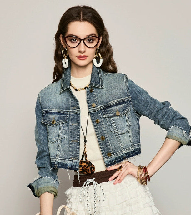 ANNASPEAK Denim  Wash Short Small Long  Denim Jacket-AYO.