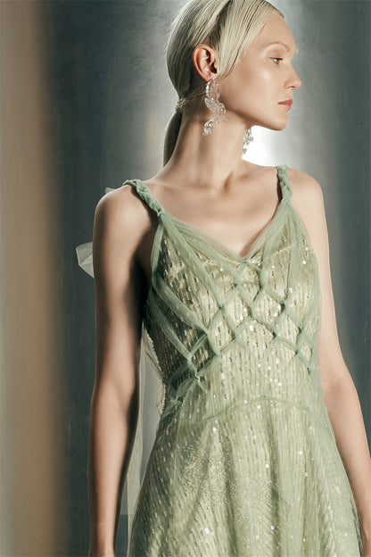 PURITY Feminine Fairy mint green bead-embroidered tulle slip dress-Mindy