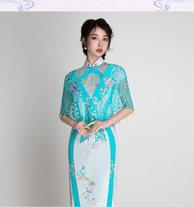 Magic Q peony embroidered beaded fringed lace shawl dress (V )