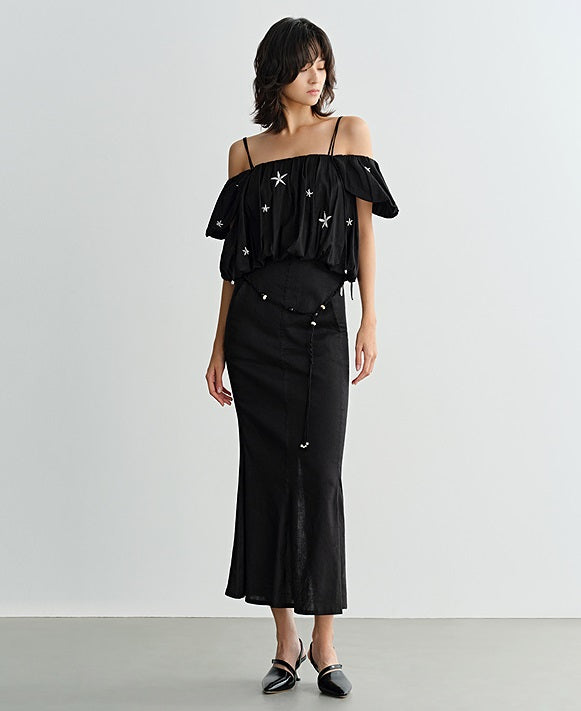 COMME MOI beaded embroidered suspender off-shoulder crop top - SUTTON.