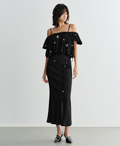 COMME MOI beaded embroidered suspender off-shoulder crop top - SUTTON.