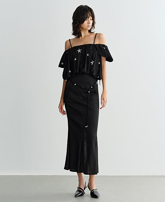 COMME MOI beaded embroidered suspender off-shoulder crop top - SUTTON.