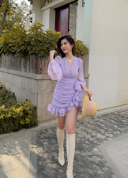 D0LLY Luxury French Style V-Neck Long Puff Sleeve Chiffon Pleated Ruffle Dress-VERA