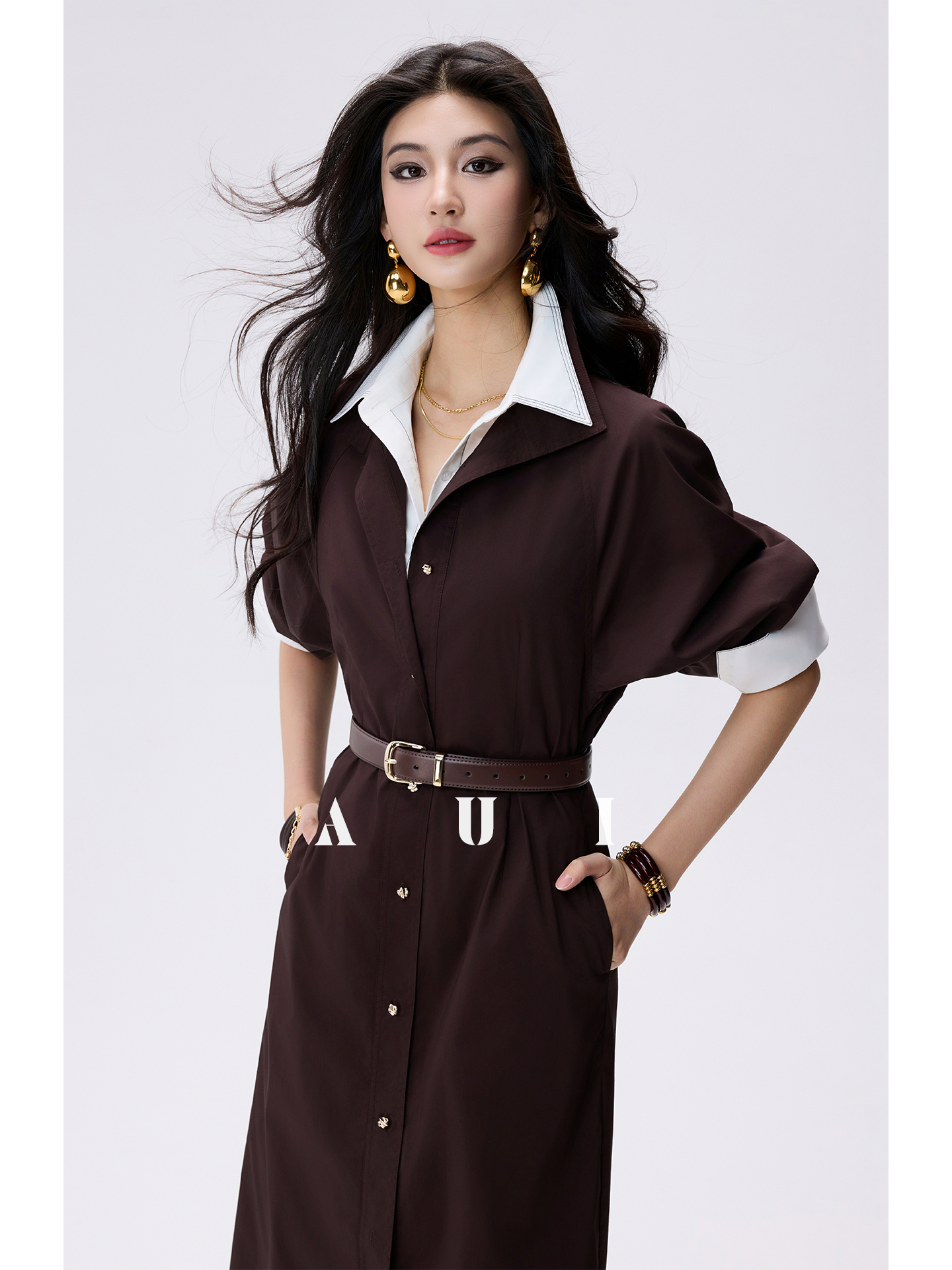 AUI Mocha Mousse Polo Collar Cinched Waist Long Sleeve Straight dress - Ji-Yoo
