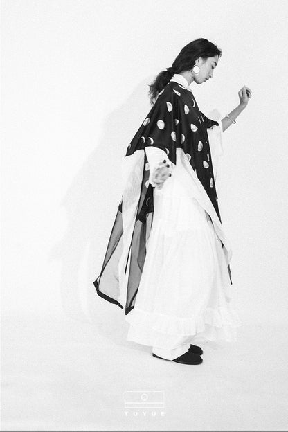 TUYUE Black and White Tulle Long Elegant Ruffled Skirt - TAN.