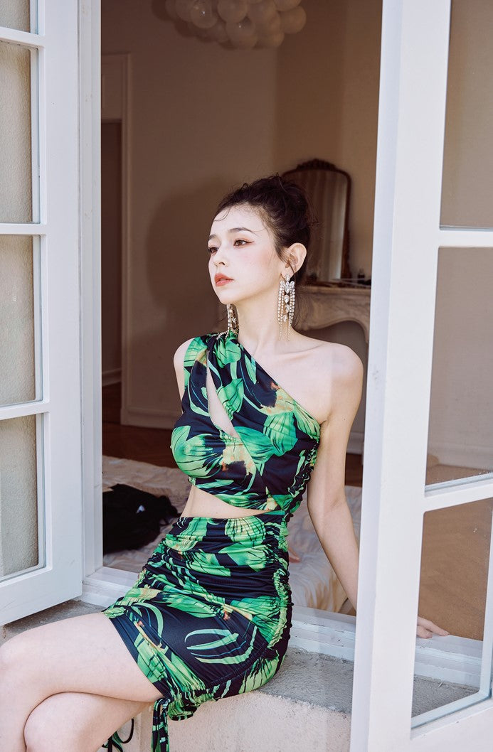 DOLLY High End Green Flower Print Sleeveless Off Shoulder Hip Wrap Pleated Dress-ISA