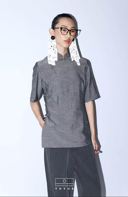 TUYUE Chinese Gray Slim Handmade Buckle Short Sleeve Top - HICKS.